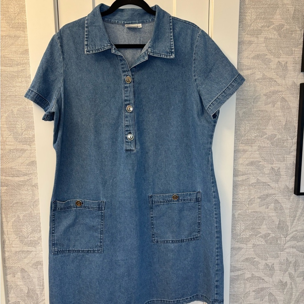 Vintage 90s Preppy 100% Cotton Denim Short Sleeve Dress Pockets sz 14